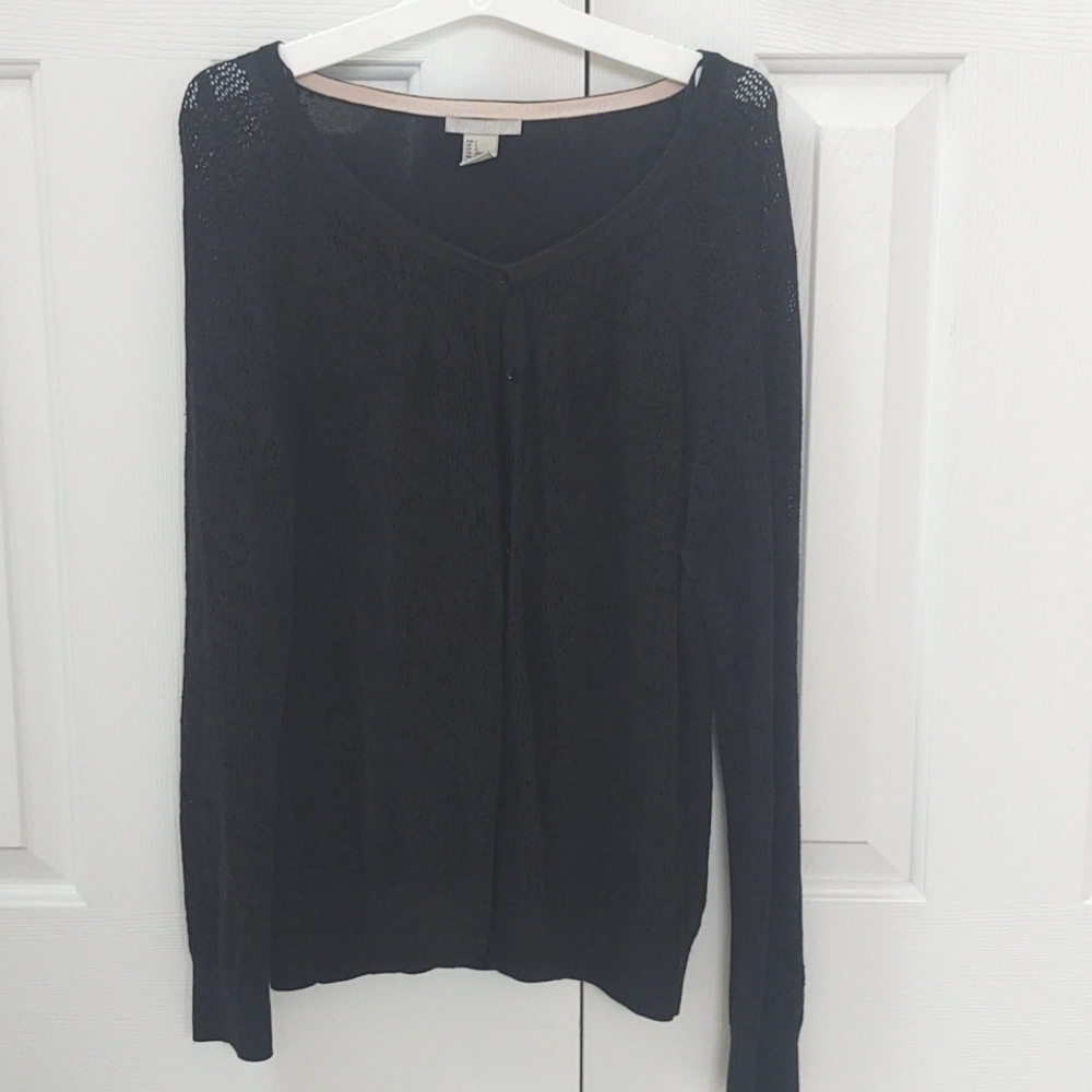 H&M Women's Black Cardigan Button Up Sheer Knit Size L UC